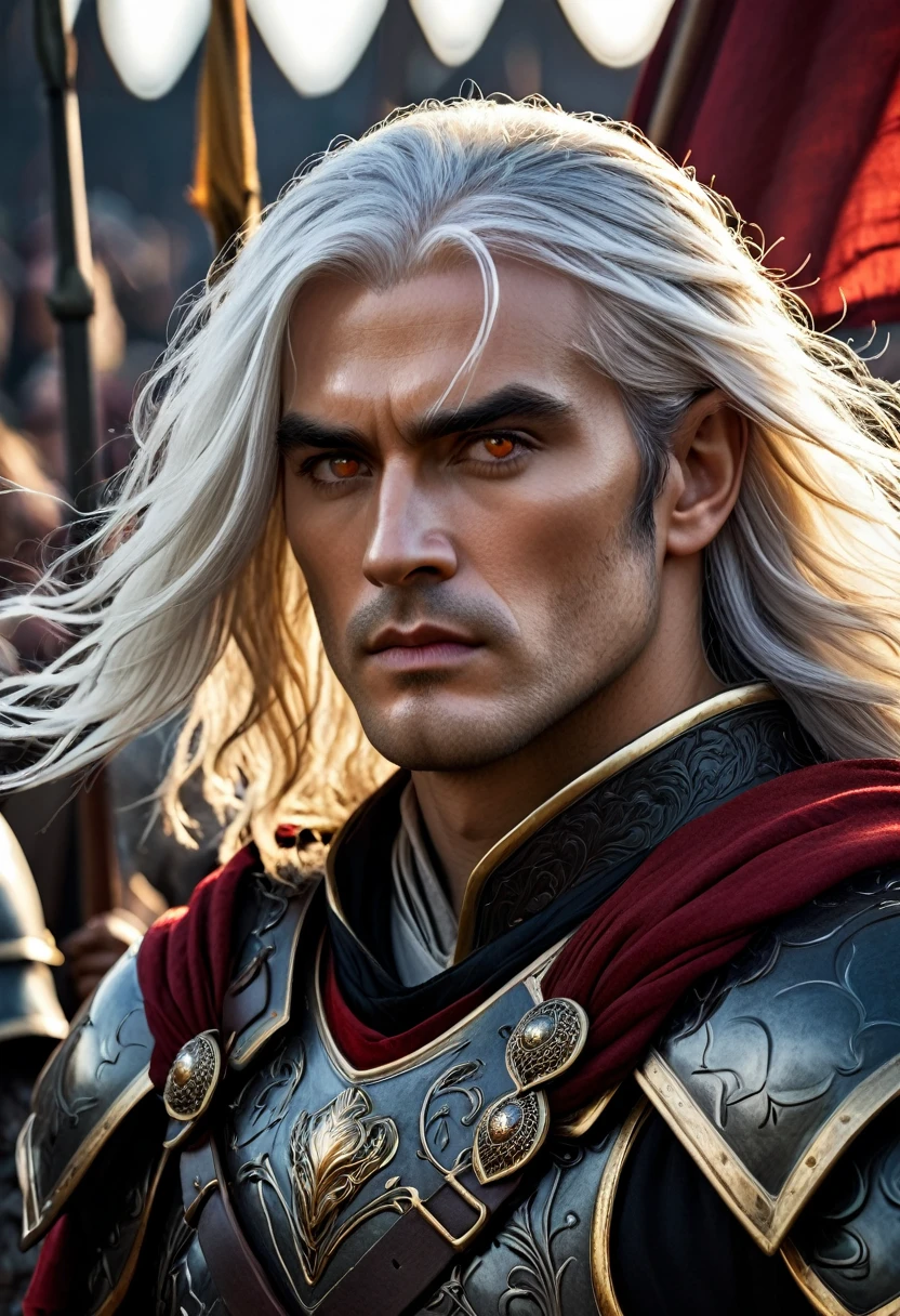 a male warrior, in his 30s, with long white hair, yellow eyes, wearing ancient black and red plate armor, (best quality,4k,8k,highres,masterpiece:1.2),ultra-detailed,(realistic,photorealistic,photo-realistic:1.37),highly detailed face and armor, dramatic lighting, cinematic composition, intricate details, epic fantasy, dark and moody atmosphere, rich colors