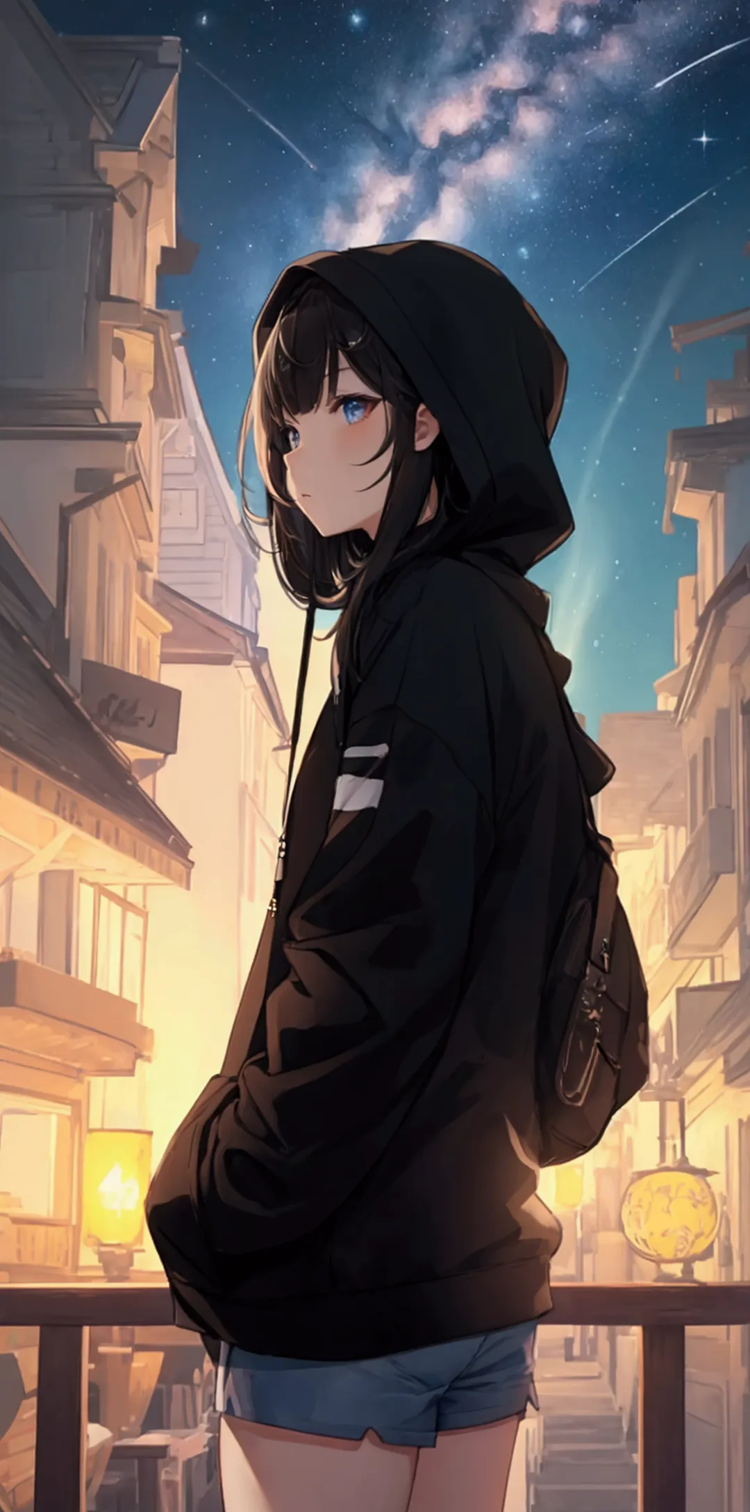 an unbeatable masterpiece,evening,milky way,starry skies,black hoodie,shorts,