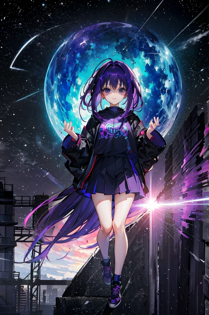 Purple haired girl, about 15 years old, holding massive dark energy, raising both hands up sky, zoom out, broken glass spreading, jumping at sky