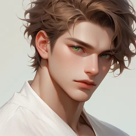 man, short military style brown hair, green eyes, was thick and tall, and had yellowish-white skin, wear a white shirt. half-rus...