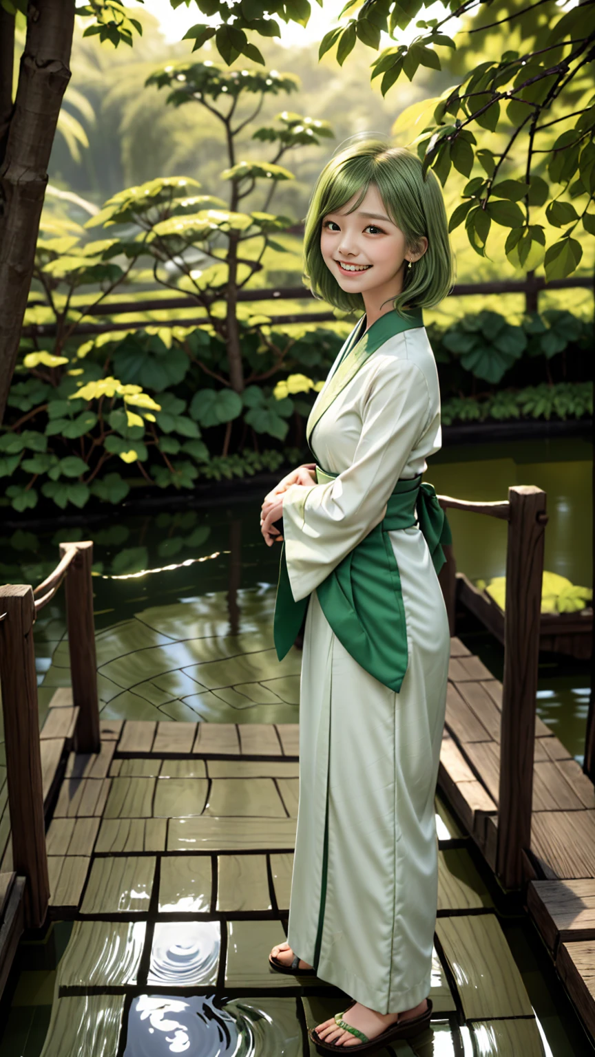 "A realistic depiction of Zundamon, an adorable and cheerful character with green hair resembling soybean leaves. The character has big, bright eyes, a small mouth, and a friendly smile. Zundamon is wearing a traditional Japanese outfit with green and white patterns, standing in a serene Japanese garden with vibrant greenery and soft sunlight filtering through the trees. The background includes traditional elements like a wooden bridge and koi pond, with the overall atmosphere being peaceful and inviting. Photorealistic, high detail, with soft lighting and natural shadows."
