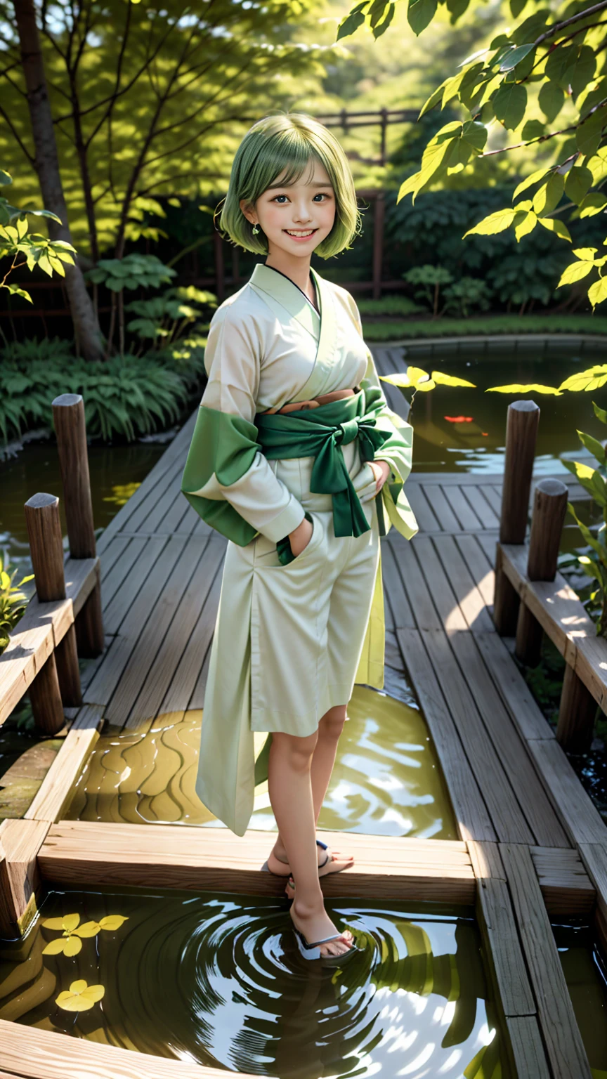 "A realistic depiction of Zundamon, an adorable and cheerful character with green hair resembling soybean leaves. The character has big, bright eyes, a small mouth, and a friendly smile. Zundamon is wearing a traditional Japanese outfit with green and white patterns, standing in a serene Japanese garden with vibrant greenery and soft sunlight filtering through the trees. The background includes traditional elements like a wooden bridge and koi pond, with the overall atmosphere being peaceful and inviting. Photorealistic, high detail, with soft lighting and natural shadows."
