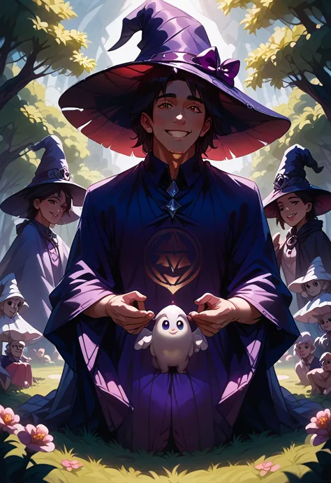 masterpiece, best quality, wizard tea party, chibi, handsome male witch, beautiful witch, highly detailed realistic eyes, happy,...