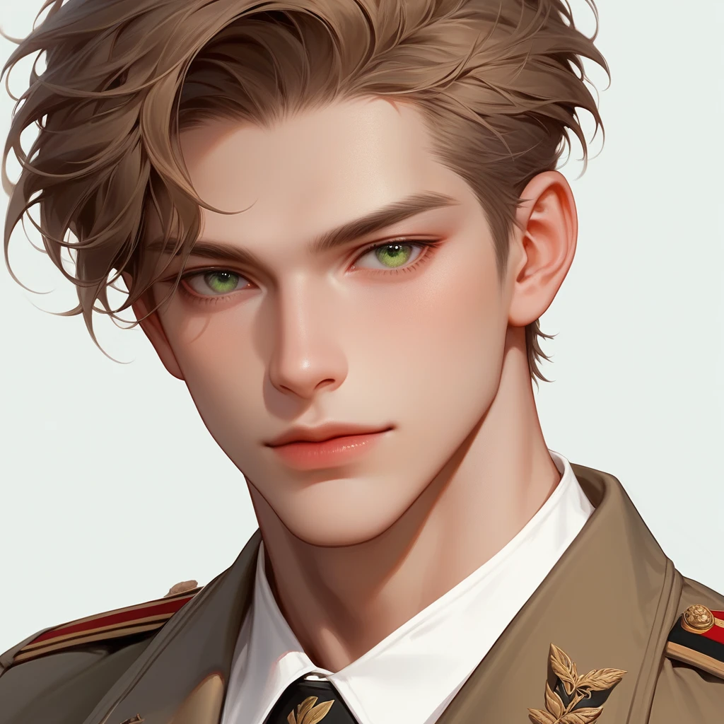 man, brown military haircut, green eyes, was thick and tall, and had yellowish-white skin, wear a white shirt. Half-Russian-Japanese, muscular, close up, portrait