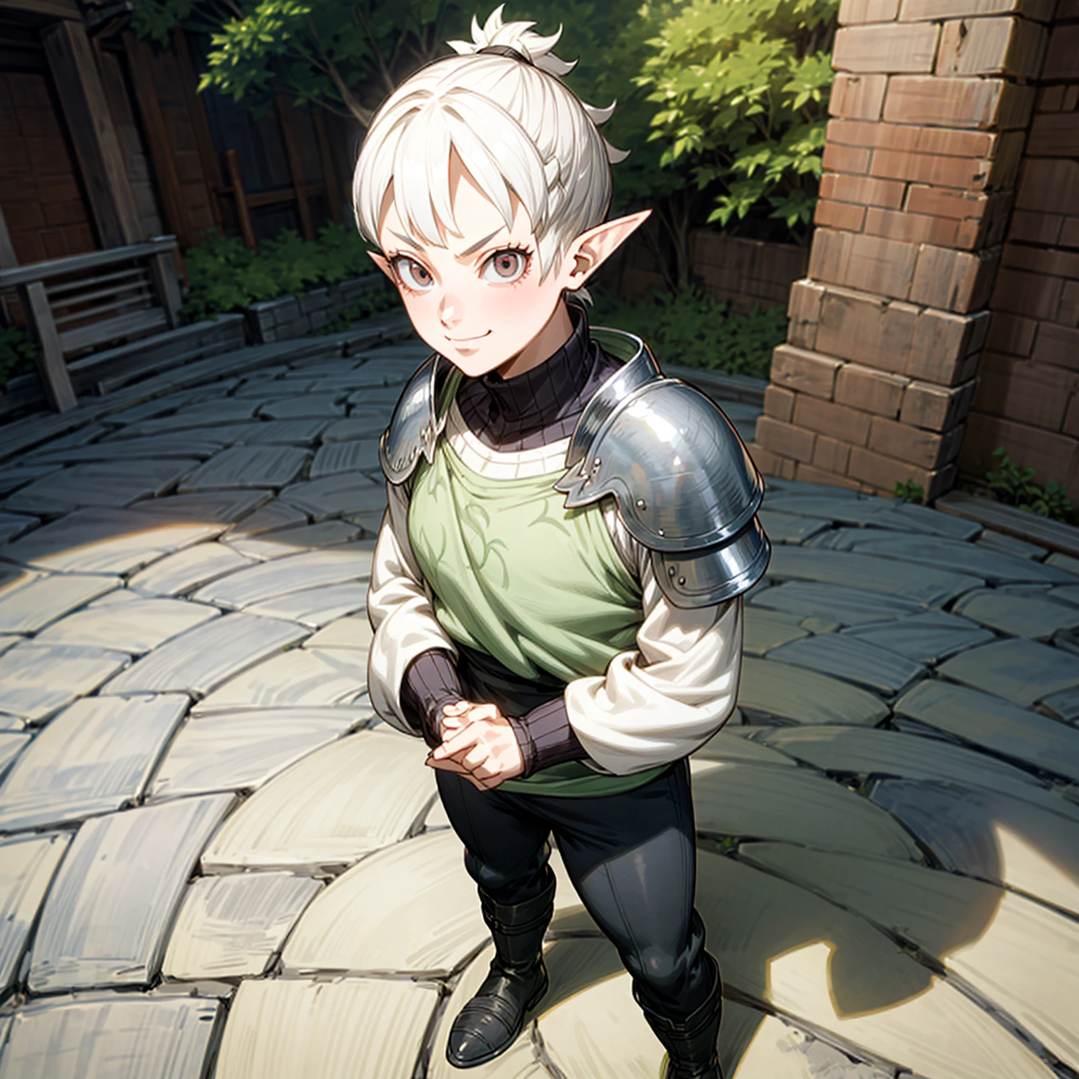 Solo character, full body version, middle aged man, (elf), white eyes, white color hair, undercut hair, ponytail, sweater clothing, black pants, boots, outdoor, town, medieval, standing gesture, detailed background, detailed clothing, detailed hair, (black clover style art), happy eyes, smile mouth, big muscle, heavy armored, chin beard 