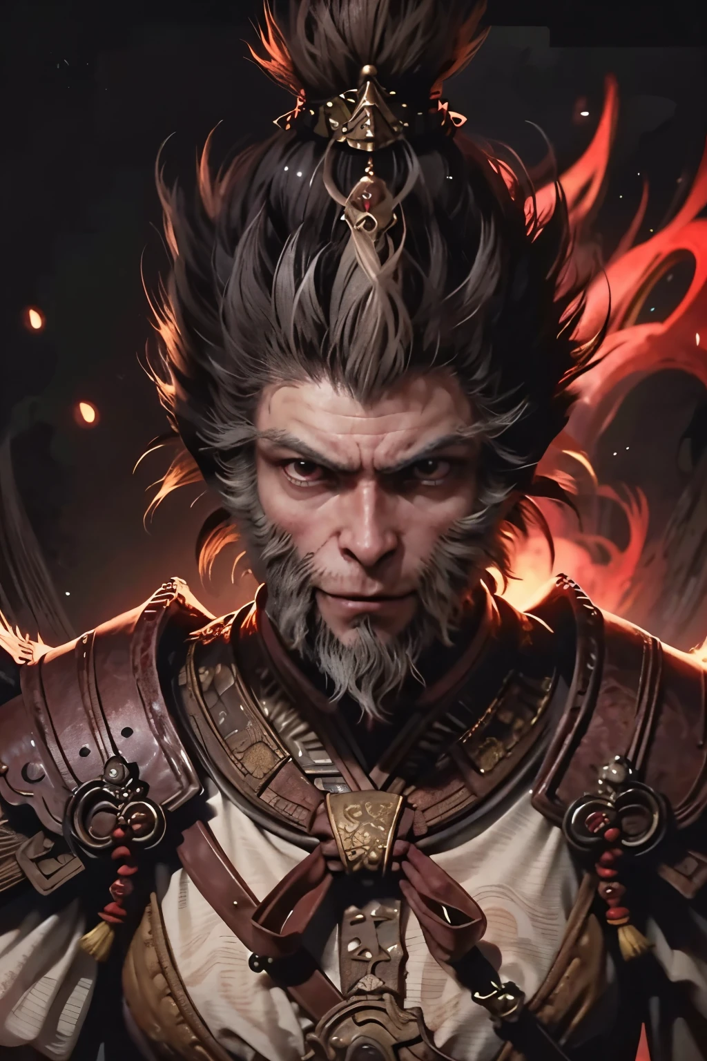 1 person, Fighting Stance, best quality, masterpiece, Perfect body, Delicate face, Perfect anatomical structure, Intricate details,, hair, sun wukong, Wearing Chinese armor, (Fiery Eyes), Delicate eyes, Red glowing eyes, Grin, Expression, Katsuya Terada Son Goku，Hairy face，monkey，Chinese Mythology，Journey to the West，wukong，monkey拟人，The Monkey King，Dark style，Red light spot