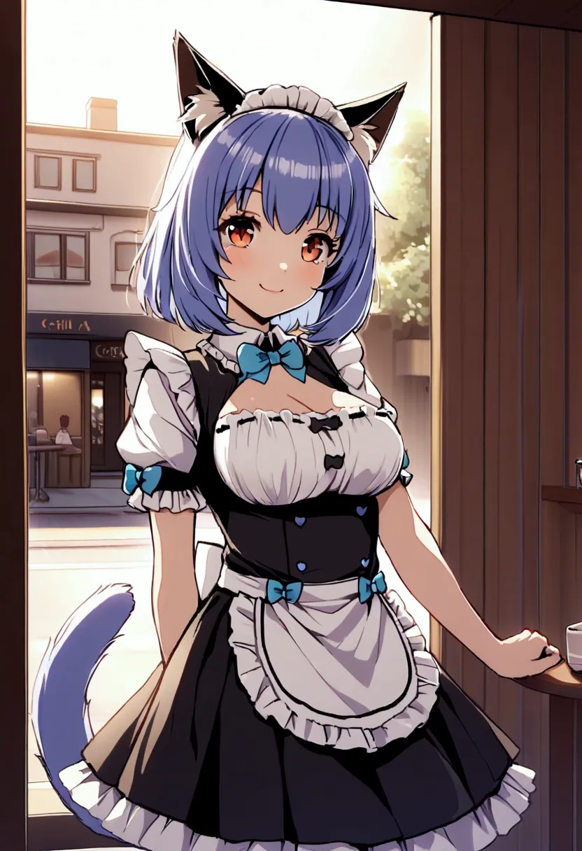 ((((cinnamon)))), gurl with short lavender blue hair, amber eyes,big pony tail, (((floppy cat ears))), cat tail, maid uniform, b...