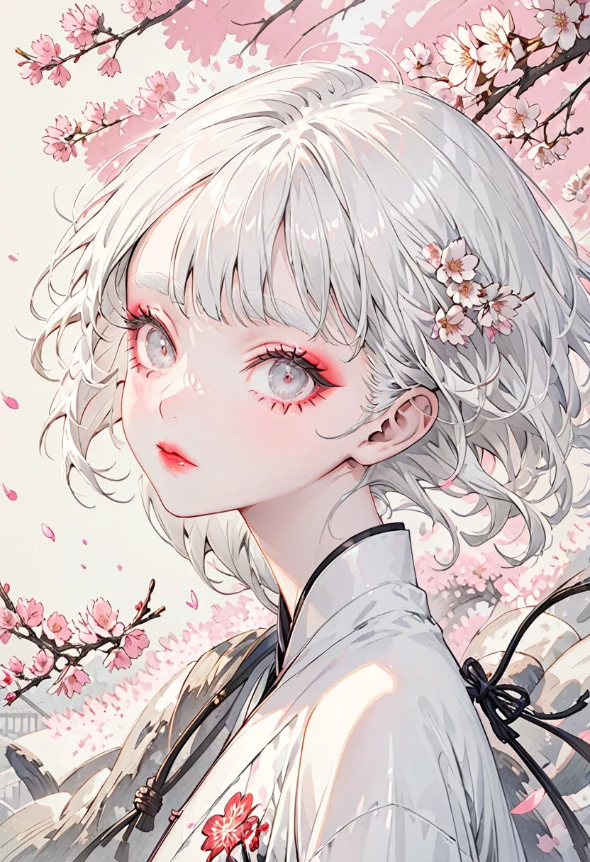 The background is a flurry of cherry blossoms，(Highest quality,Very detailed,High resolution:1.2),Slim albino girl，Very short white hair,gray bangs，very_long white eyelashes, White eyebrows, White skin，Detailed lips, Cool look, Soft Skin, Shiny Hair,Exquisite makeup,Portrait