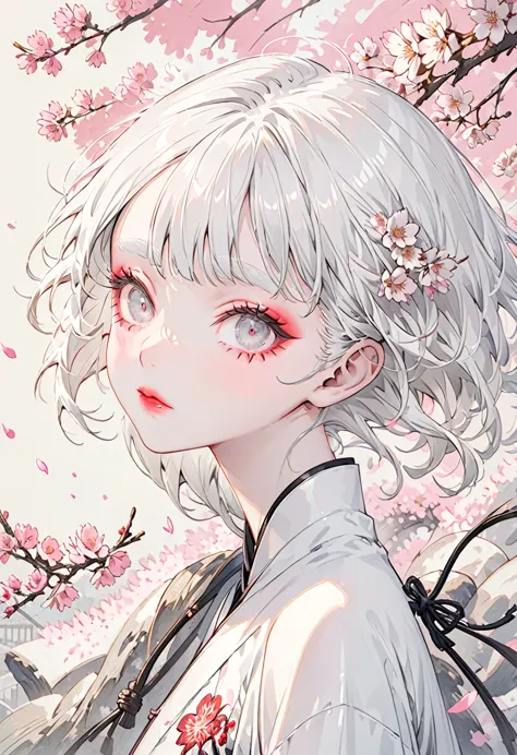 the background is a flurry of cherry blossoms，(highest quality,very detailed,high resolution:1.2),slim albino girl，very short wh...