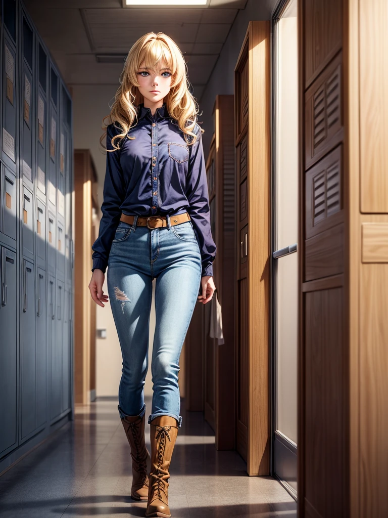 Anime style female character with blond, wavy, waist-length hair, side V bangs, and blue eyes, portraying a calm and dignified demeanor with a mature face. She is wearing skinny jeans with high boots over the jeans, and a refined top. The setting is a typical Japanese school hallway, featuring lockers and classroom doors, embodying her composed and authoritative personality. The character stands confidently, reflecting her strong presence in this academic environment.