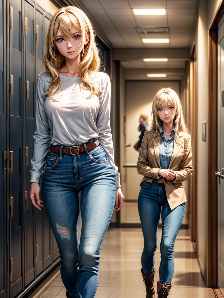 Anime style female character with blond, wavy, waist-length hair, side V bangs, and blue eyes, portraying a calm and dignified demeanor with a mature face. She is wearing skinny jeans with high boots over the jeans, and a refined top. The setting is a typical Japanese school hallway, featuring lockers and classroom doors, embodying her composed and authoritative personality. The character stands confidently, reflecting her strong presence in this academic environment.