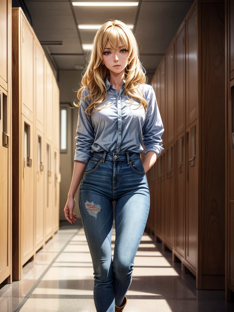 Anime style female character with blond, wavy, waist-length hair, side V bangs, and blue eyes, portraying a calm and dignified demeanor with a mature face. She is wearing skinny jeans with high boots over the jeans, and a refined top. The setting is a typical Japanese school hallway, featuring lockers and classroom doors, embodying her composed and authoritative personality. The character stands confidently, reflecting her strong presence in this academic environment.