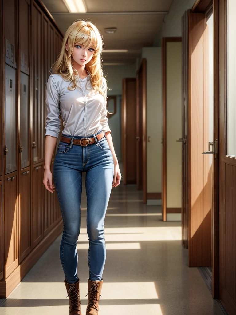 Anime style female character with blond, wavy, waist-length hair, side V bangs, and blue eyes, portraying a calm and dignified demeanor with a mature face. She is wearing skinny jeans with high boots over the jeans, and a refined top. The setting is a typical Japanese school hallway, featuring lockers and classroom doors, embodying her composed and authoritative personality. The character stands confidently, reflecting her strong presence in this academic environment.