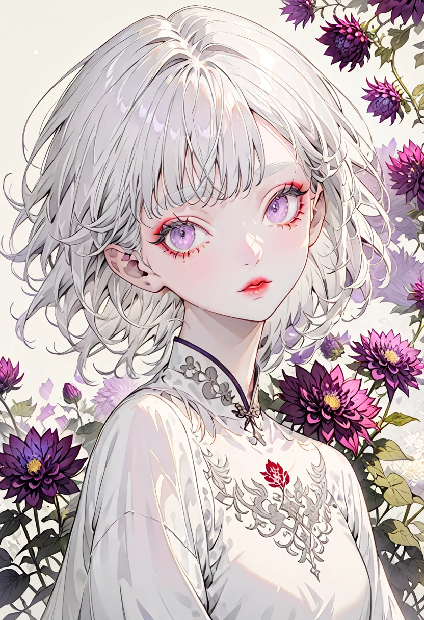 The background is purple dahlias，(Highest quality,Very detailed,High resolution:1.2),Slim albino girl，Very short white hair,gray bangs，very_long white eyelashes, White eyebrows, White skin，Detailed lips, Cool look, Soft Skin, Shiny Hair,Exquisite makeup,Portrait