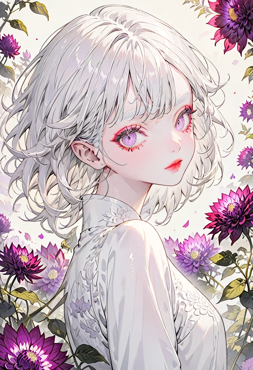 The background is purple dahlias，(Highest quality,Very detailed,High resolution:1.2),Slim albino girl，Very short white hair,gray bangs，very_long white eyelashes, White eyebrows, White skin，Detailed lips, Cool look, Soft Skin, Shiny Hair,Exquisite makeup,Portrait