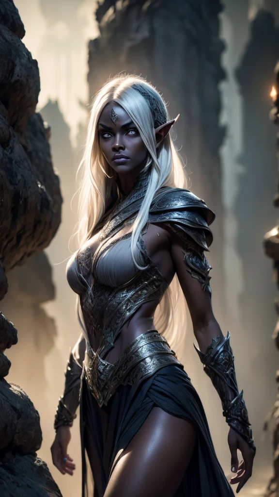 A beautiful dark elf warrior woman, drow, with dark grey skin and long white hair, intricate detailed facial features, porcelain skin, striking eyes, full lips, slender figure, ranger clothes, dramatic lighting, dramatic fantasy scene, dark moody atmosphere, detailed textures, highly detailed, 8k, cinematic, award-winning artwork, digital painting, concept art, photorealistic