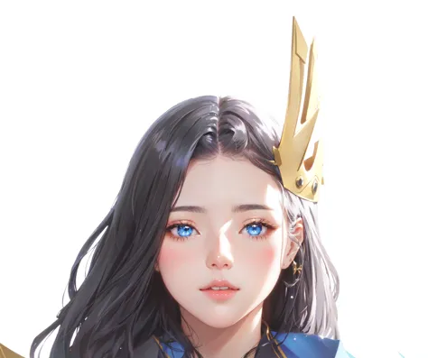 black long hair blue eyes，anime girl wearing a golden crown, artwork in the style of gu weiss, gu weiss, produced in collaborati...