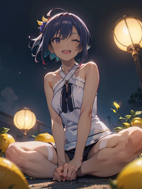 score_9, score_8_up, score_7_up, score_6_up, score_9, score_8_up, score_8, source_anime, rating,aesthetic,2020s\(style\), cinematic lighting, soft light, soft shadow, ,lemon yakishio, short hair, black hair, hair between eyes, ahoge, lemon hair ornament, purple eyes, dark skin, tanline, smiling, opened mouth, criss-cross halter, hands between legs, wind, one eye closed, 