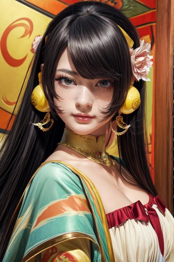 masterpiece, best quality, {best quality}, {{masterpiece}}, {highres}, focus, anime style, a closeup of a cartoon of a woman, girl design, portrait, giesha, anime image, long hair, black hair, straight eyes, hair covering ears, polished and powerful look, exotic, tall, freckles, cheerful, romantic clothing, colorful, colors, nsfw, full body