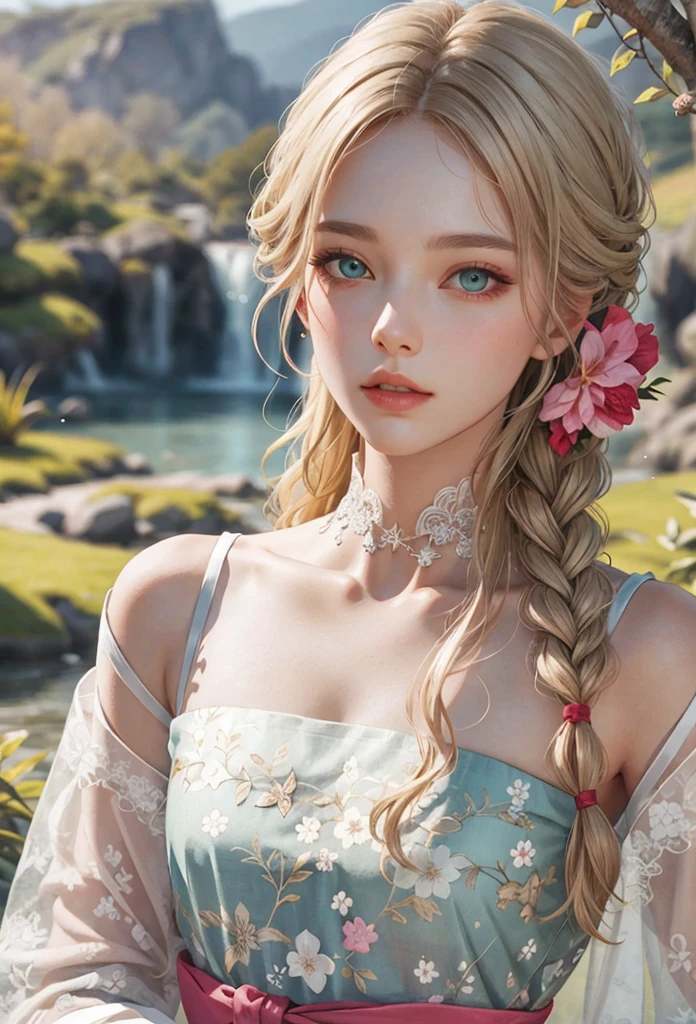 pink theme, Beautiful anime style woman, Wearing an elegant and dignified dress, With delicate eyes and irises, bare shoulders, Long flowing blonde hair in braids and ponytails, In a gorgeous flower-decorated hall surrounded by green nature, In close-up portrait view, (best quality, 4K, masterpiece, very detailed), animated, vivid silhouette, Realistic three-dimensional texture,