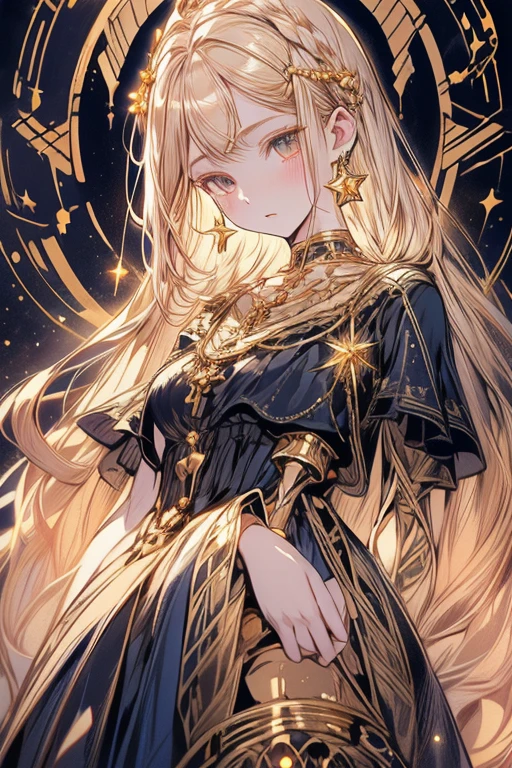 lamplight, beautiful woman, gold eyes, (Detailed eyes, The eyes are bright), Long blonde hair, pale-skinned, earrings, necklace, medium skin, dark blue dress, Meticulous gown, golden accessories on clothes, blue flowers on hair, (perfect anatomia), Highqualityshadow, natural lighting, (White highlights),overcast day, (starrysky), (shining)