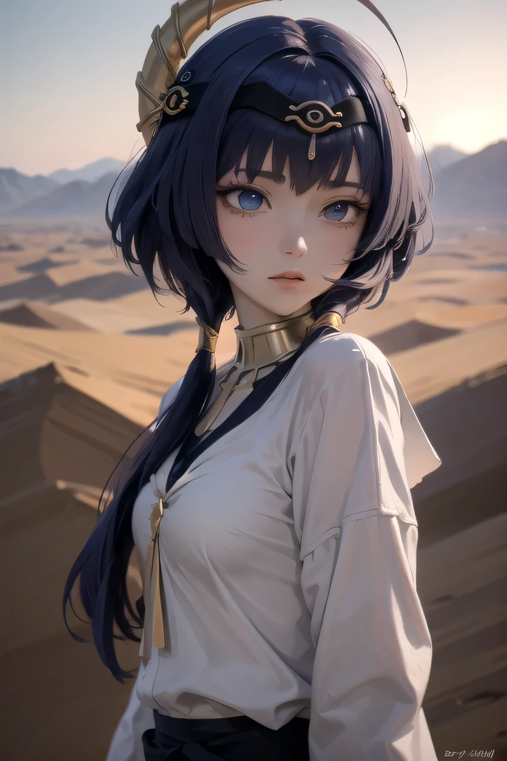 (high detail:1.2) anime girl, (cinematic lighting, gentle colors), (desert:1.2), The lighting is calm, wind, fog. turquoise, delta tones.