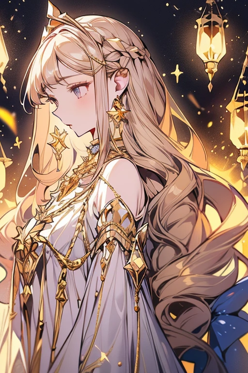 lamplight, beautiful woman, gold eyes, (Detailed eyes, The eyes are bright), Long blonde hair, pale-skinned, earrings, necklace, medium skin, dark blue dress, Meticulous gown, golden accessories on clothes, blue flowers on hair, (perfect anatomia), Highqualityshadow, natural lighting, (White highlights),overcast day, (starrysky), (shining)