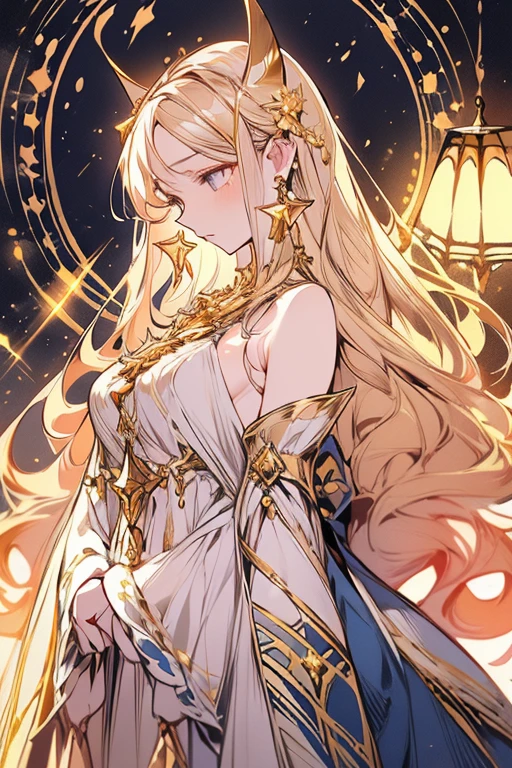 lamplight, beautiful woman, gold eyes, (Detailed eyes, The eyes are bright), Long blonde hair, pale-skinned, earrings, necklace, medium skin, dark blue dress, Meticulous gown, golden accessories on clothes, blue flowers on hair, (perfect anatomia), Highqualityshadow, natural lighting, (White highlights),overcast day, (starrysky), (shining)