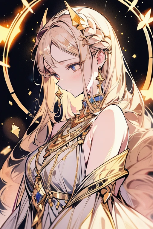 lamplight, beautiful woman, gold eyes, (Detailed eyes, The eyes are bright), Long blonde hair, pale-skinned, earrings, necklace, medium skin, dark blue dress, Meticulous gown, golden accessories on clothes, blue flowers on hair, (perfect anatomia), Highqualityshadow, natural lighting, (White highlights),overcast day, (starrysky), (shining)