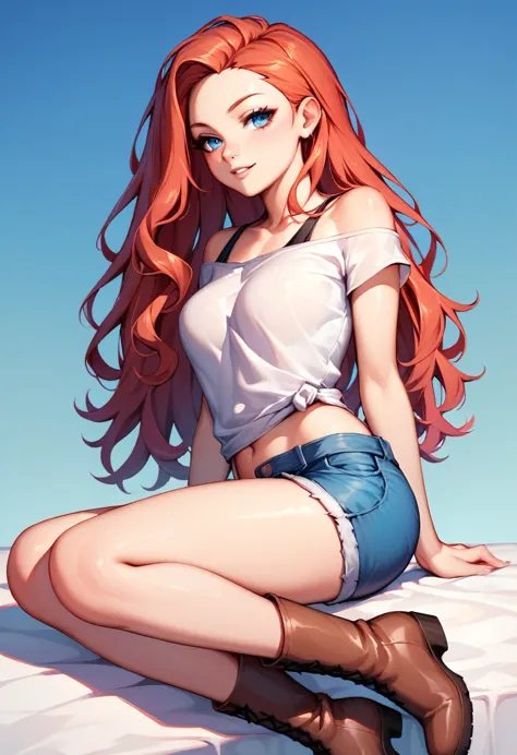 sexy young, long haired redhead with blue eyes, short white shirt with wide shoulders, bright blue short denim shorts, mirada gl...