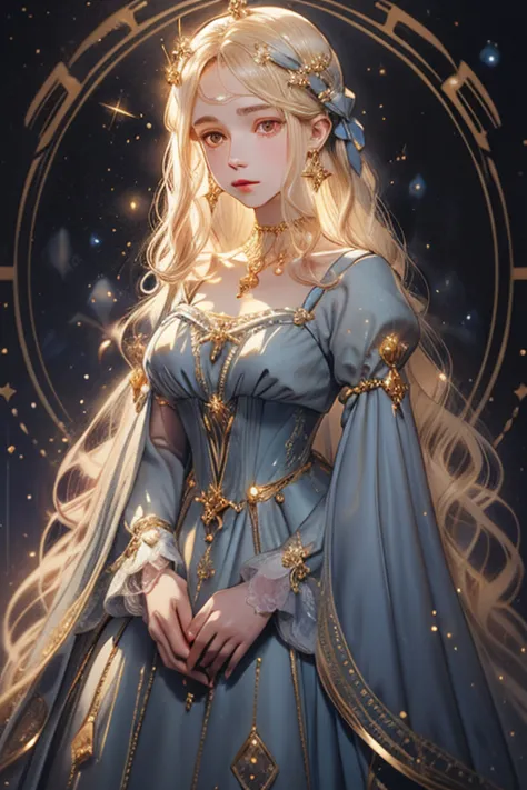 lamplight, beautiful woman, gold eyes, (detailed eyes, the eyes are bright), long blonde hair, pale-skinned, blue diamond earrin...