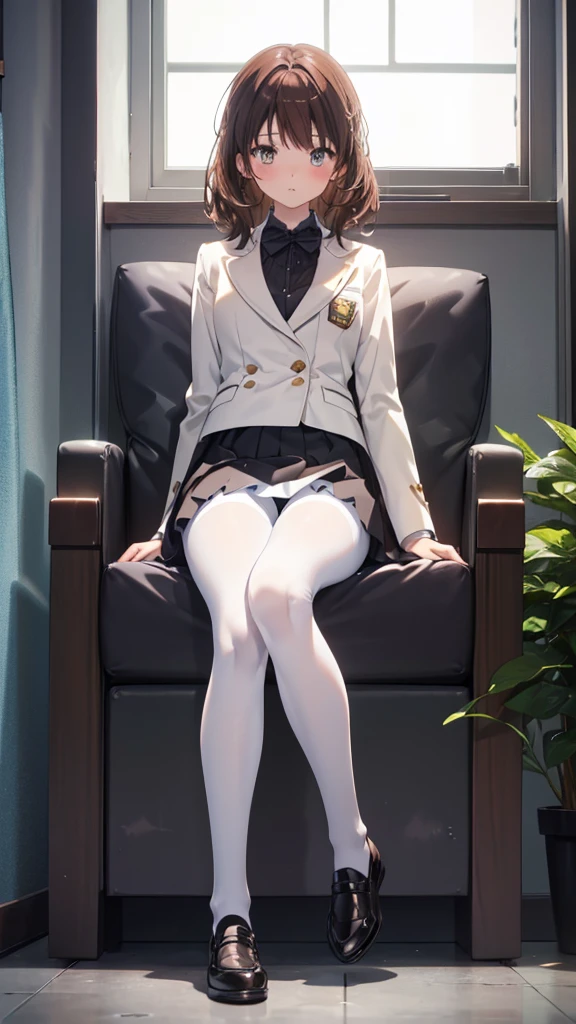 Highest quality, masterpiece, High resolution, (Head to Toe full body view), front, Composition from slightly below the front, Symmetric, Tall 18 year old, alone, (Head to Toe), (Small breasts), Unkempt brown hair, bangs, (black tights), (Black Pantyhose), (Sit with your legs apart), (Crouching pose), (Composition showing white panties), (Her legs were spread、I see your white pants.), (I was made to sit on the floor with my legs spread....), (M-shaped feet), Thin legs, とても美しくTall 18 year oldの少女, (No shoes), blush, Shy big eyes, Looking into the camera, Blazer Uniform, Checkered Pleated Skirt