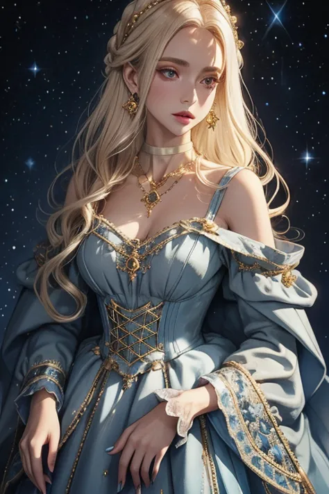 lamplight, beautiful woman, gold eyes, (detailed eyes, the eyes are bright), long blonde hair, pale-skinned, blue diamond earrin...