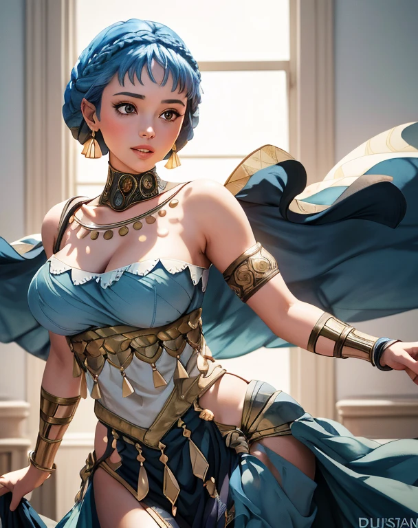 (best quality), (masterpiece), 1 girl, early 20's, huge heavy breasts, busty, perky breasts, thick, thick lips, wide hips, thin waist, marianneserene, crown braid, dancer, blue dress, pelvic curtain, earrings, armlet, shawl, bare shoulders