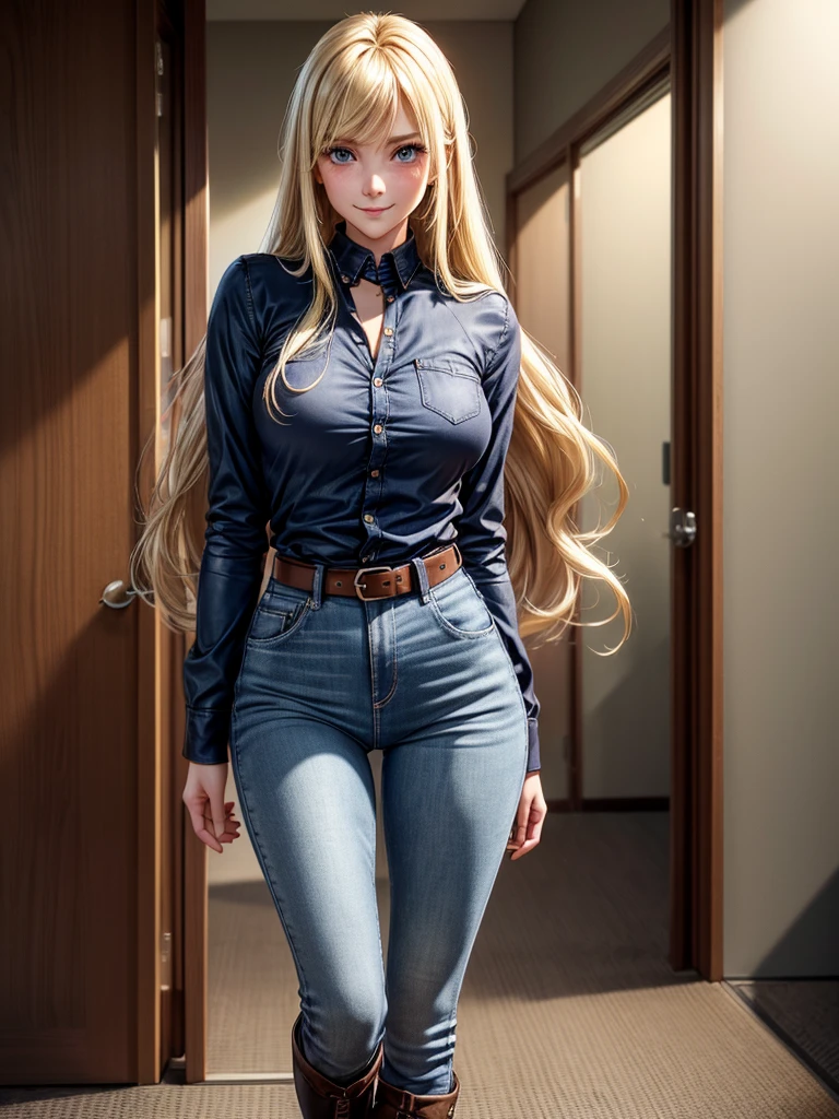 (8k, raw photo, Best Quality, maestro:1.2), (realist, fotorrealista:1.37), ultra detailed, 1 girl, beautiful, alone, Typical Japanese school hallway, with cabinets and classroom doors, (blush), (whole body: 1.1), (smile: 1.1), (shut up), big breasts, beautiful and delicate blue eyes, ( fitted blue shirt : 1.1), corse negrl, Dark brown leather belt with metal buckles, skinny jeans with high boots over jeans, (long blonde hair: 1.2), Wavy, Waist length hair, V-shaped side bangs, high contrast, Proporciones de whole body, (astride, stretch the legs, thin legs), Chest closeup.