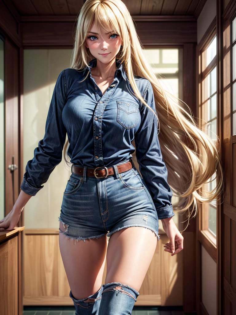 (8k, raw photo, Best Quality, maestro:1.2), (realist, fotorrealista:1.37), ultra detailed, 1 girl, beautiful, alone, Typical Japanese school hallway, with cabinets and classroom doors, (blush), (whole body: 1.1), (smile: 1.1), (shut up), big breasts, beautiful and delicate blue eyes, ( fitted blue shirt : 1.1), corse negrl, Dark brown leather belt with metal buckles, skinny jeans with high boots over jeans, (long blonde hair: 1.2), Wavy, Waist length hair, V-shaped side bangs, high contrast, Proporciones de whole body, (astride, stretch the legs, thin legs), Chest closeup.