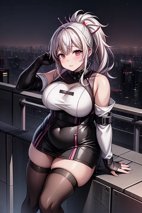 a woman in a black and white outfit is posing on a roof, half yamada, tokyo cyberpunk night on the roof, chubby, on a rooftop at...