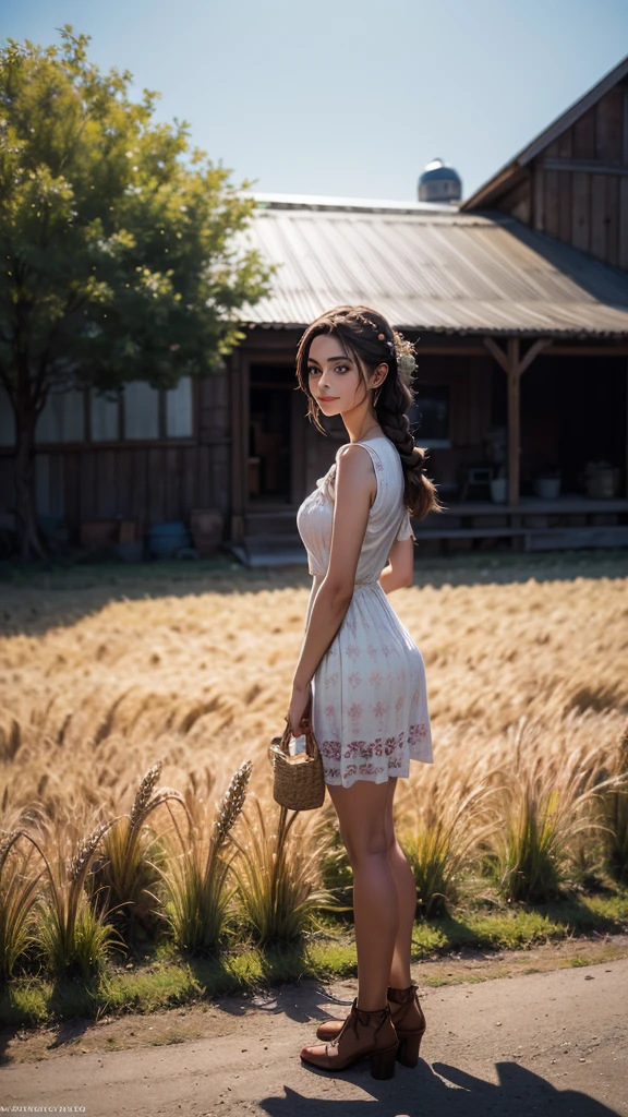 1 girl, 20 years, tall and attractive, wearing a cute country dress, Braided hair, standing in a rustic farm setting. she has a soft, gentle smile and expressive eyes. In the background are charming barns., golden wheat fields and clear blue skies. The composition should be bathed in a warm golden light., with soft depth of field and soft bokeh to accentuate the idyllic tranquility. Capture imágenes como si hubieran sido filmadas con una movie antigua de 35 mm para mayor atractivo., movie,