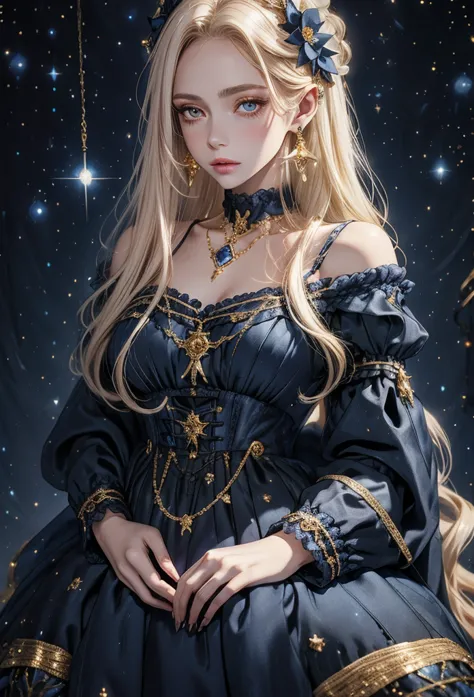 lamplight, beautiful woman, gold eyes, (detailed eyes, the eyes are bright), long blonde hair, pale-skinned, blue diamond earrin...