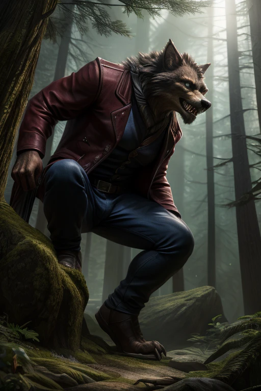 a robust male werewolf, wolf head, red jacket, blue pants, brown fur, green eyes, sharp teeth, angle from knees to head, sexy pose, forest background, Looking at the fourth wall. Predatory gaze  (best quality,4k,8k,highres,masterpiece:1.2),ultra-detailed,(realistic,photorealistic,photo-realistic:1.37),hyper detailed,studio lighting,extremely detailed description,professional,vivid colors,dark fantasy,cinematic lighting,dramatic lighting,fantasy art perfect 