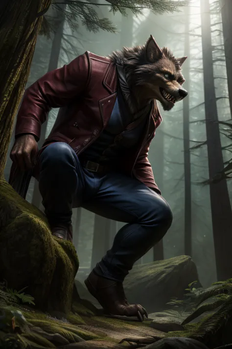 a robust male werewolf, wolf head, red jacket, blue pants, brown fur, green eyes, sharp teeth, angle from knees to head, sexy po...