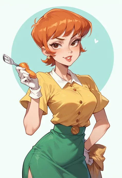 dexter mom from the series dexter&#39;s laboratory, red hair, short hair, green blouse, unbuttoned blouse (you can see her naked...