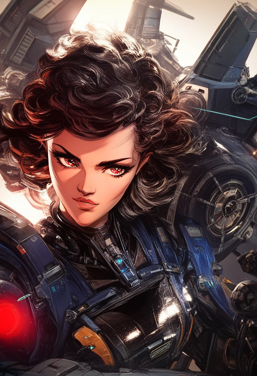 a beautiful detailed eyes, beautiful detailed lips, extremely detailed eyes and face, long eyelashes, black skin woman, mecha pilot, black short hair,black pilot suit,cockpit,super soldier red eyes, hair lisse, piloting, (best quality,4k,8k,highres,masterpiece:1.2), concept art, cinematic lighting, dynamic pose, dramatic colors, intricate detail, futuristic, sci-fi