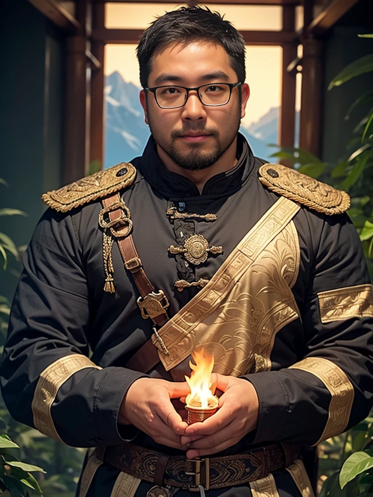 solo, crew cut, (((full body))), mature man, [slightly fat], asian man, brown eyes, rounded face, glasses, slightly balding, (((stubbles, Short beard))), (((full beard))), (Beautiful eyes:1.3), (Detailed face:1.3), Masterpiece, A majestic scene of a Chinese border guard from the Ming Dynasty, set in the year 1400 AD, patrolling the Great Wall near the Yin Mountains on the Mongolian border at night with a torch in his right hand. The night envelops the landscape, pierced only by the glow of the torch he holds aloft. His vigilant gaze sweeps across the rugged terrain, a testament to his duty to protect the empire's frontier. The ancient stones of the wall, a silent witness to his solitary vigil, stretch into the darkness, merging with the shadowy outlines of the distant mountains, 16K, ultra high res.photorealistic, UHD, RAW, wide angle, FOV, night lighting, dim lighting, the Great China wall across the Yin Mountains in the Background
