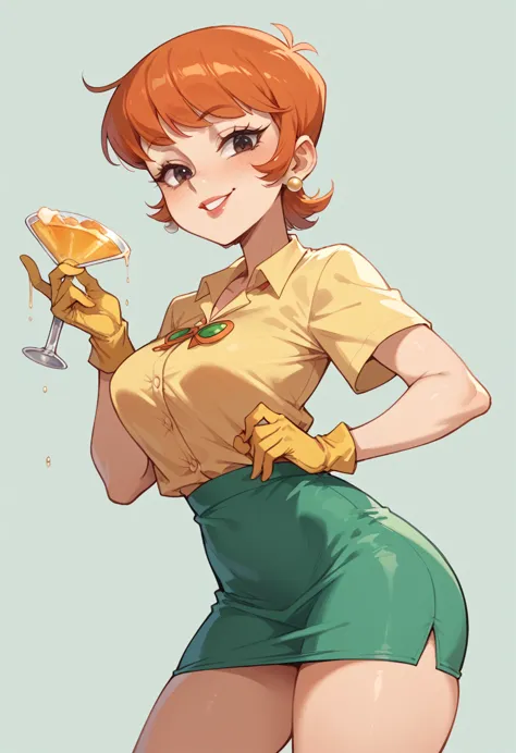 dexter mom from the series dexter&#39;s laboratory, red hair, short hair, green blouse, unbuttoned blouse (you can see her naked...