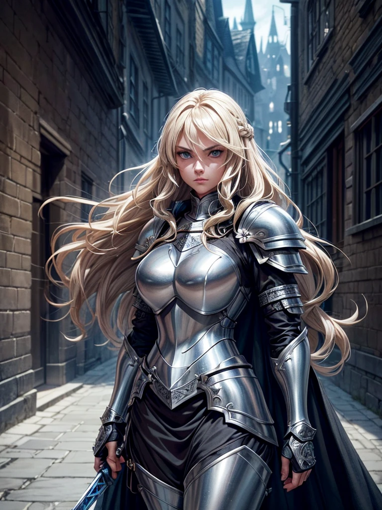 Create an anime-style female knight standing confidently in a medieval cobblestone street. She has long, wavy blonde hair, piercing blue eyes, and is clad in shiny silver and black armor, which is intricately detailed. Her armor includes a chest plate, gauntlets, and greaves, and she wears a flowing black cape. She holds a glowing blue sword in her right hand, which emits a soft light. The background depicts a medieval cityscape with tall buildings, narrow streets, and a soft light filtering through, adding a sense of depth and atmosphere to the scene. The character should exude strength and determination, with a slightly ethereal or heroic aura