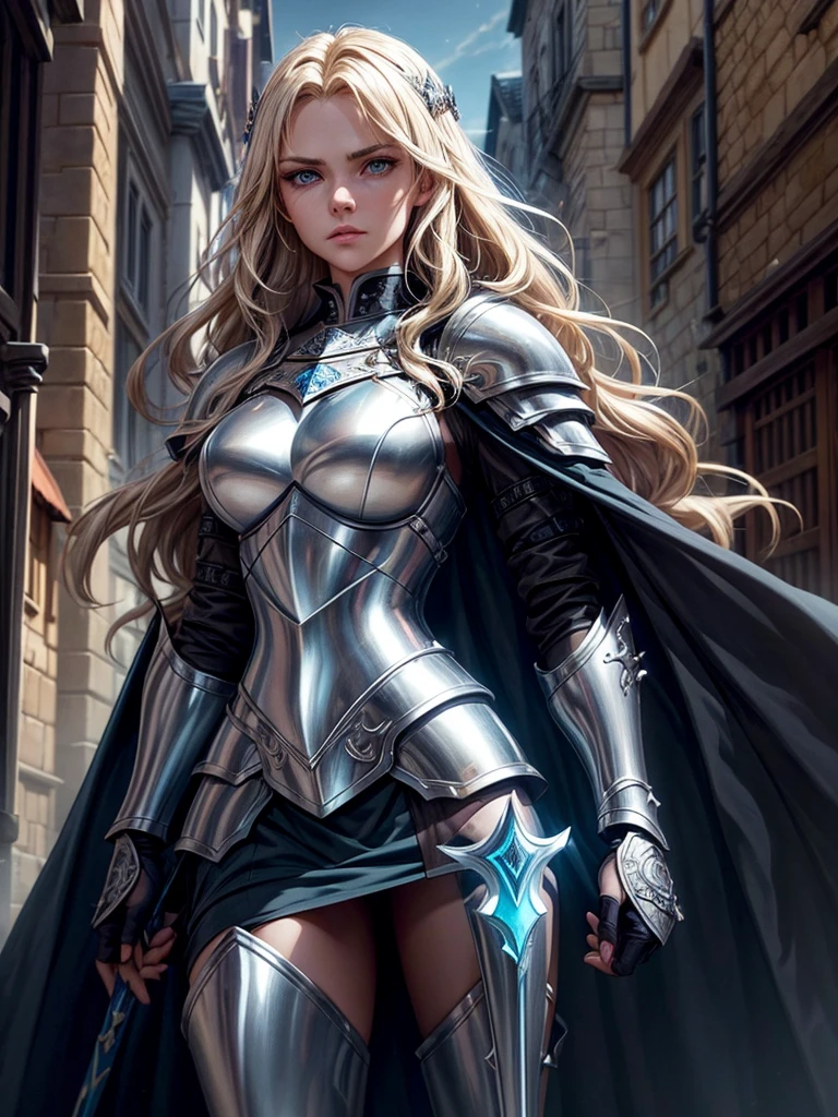 Create an anime-style female knight standing confidently in a medieval cobblestone street. She has long, wavy blonde hair, piercing blue eyes, and is clad in shiny silver and black armor, which is intricately detailed. Her armor includes a chest plate, gauntlets, and greaves, and she wears a flowing black cape. She holds a glowing blue sword in her right hand, which emits a soft light. The background depicts a medieval cityscape with tall buildings, narrow streets, and a soft light filtering through, adding a sense of depth and atmosphere to the scene. The character should exude strength and determination, with a slightly ethereal or heroic aura