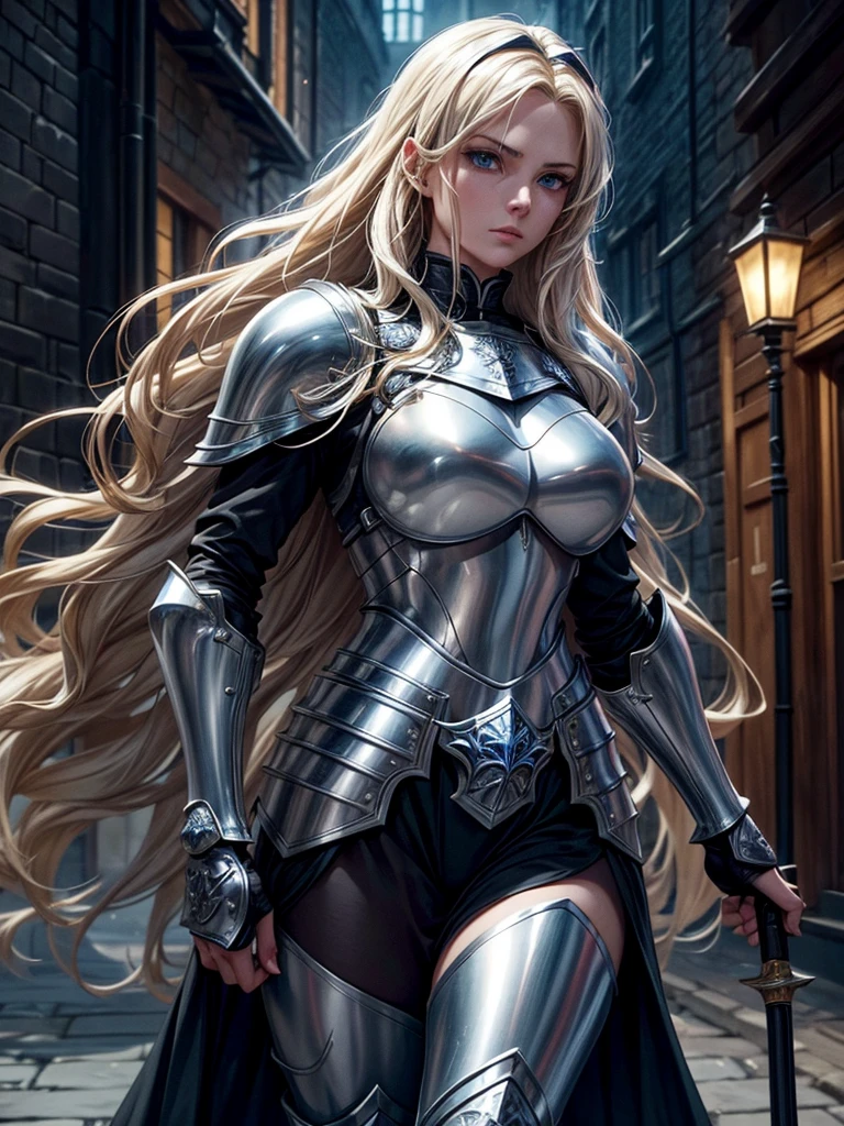 Create an anime-style female knight standing confidently in a medieval cobblestone street. She has long, wavy blonde hair, piercing blue eyes, and is clad in shiny silver and black armor, which is intricately detailed. Her armor includes a chest plate, gauntlets, and greaves, and she wears a flowing black cape. She holds a glowing blue sword in her right hand, which emits a soft light. The background depicts a medieval cityscape with tall buildings, narrow streets, and a soft light filtering through, adding a sense of depth and atmosphere to the scene. The character should exude strength and determination, with a slightly ethereal or heroic aura