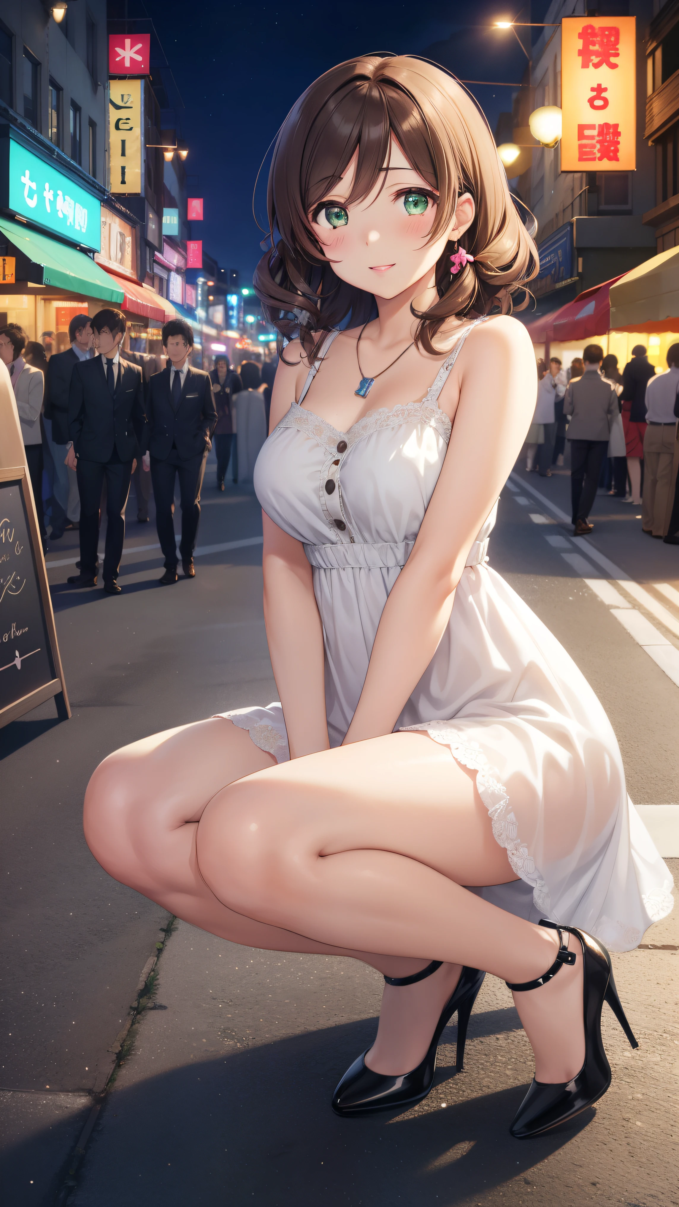 nozomitoujou, Nozomi-san always, Green Eyes, Brown Hair, Short Curly Hair, masterpiece, Highest quality, High resolution, Beautiful attention to detail, Highly detailed face, Good lighting, Detailed CG, Messy Hair, Glossy Lips, City Street, night, Neon Light, crowd, A light smile, dress, High heels