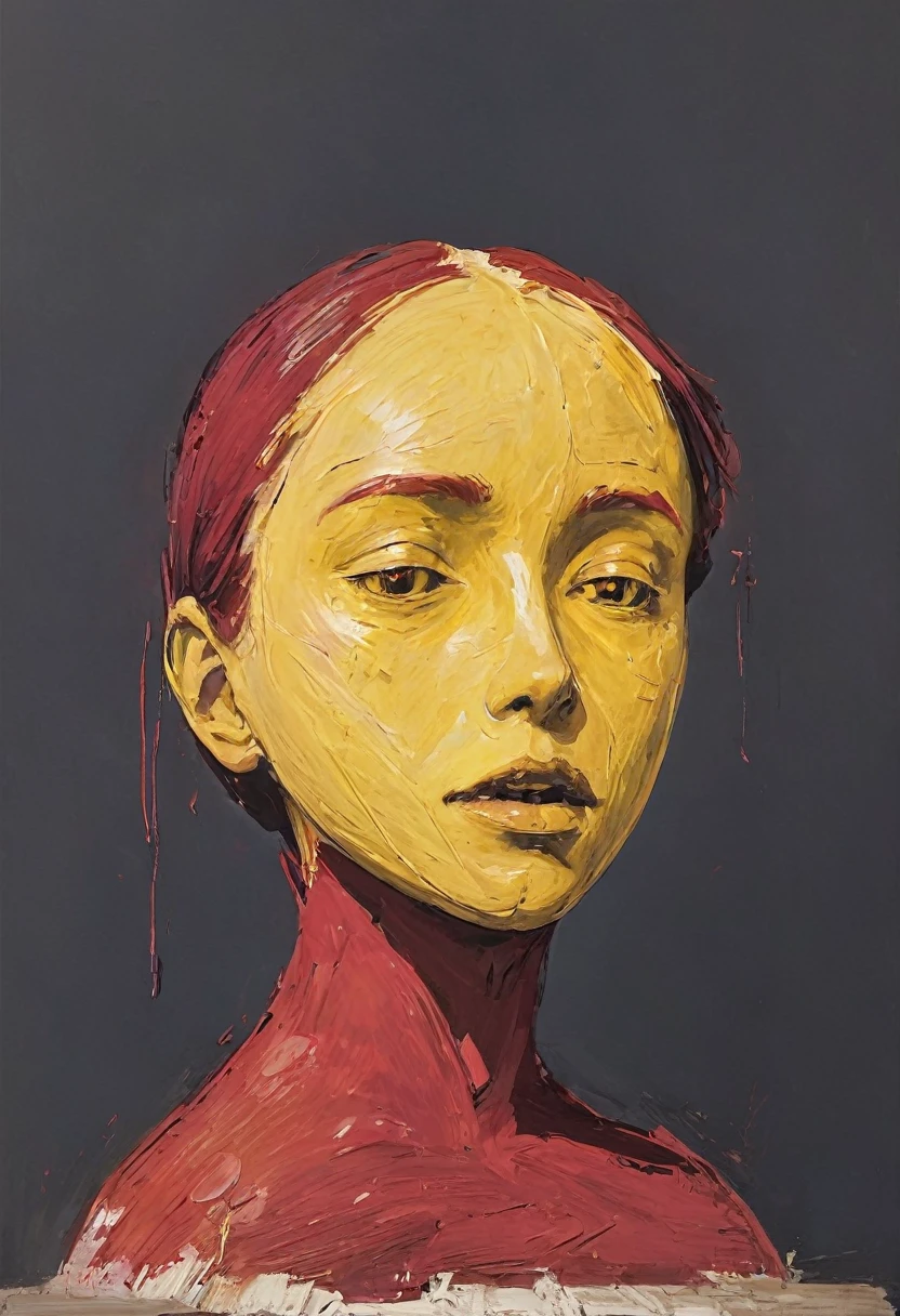 Score_9, score_8_up, score_7_up, score_6_up, a simplistic crude rough portrait artwork of a person with distorted facial features, undetailed, scrubby, rough, textured, red and yellow colors, 